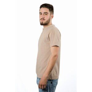 Mens Beige Henley Shirt Short Sleeve Casual Fit XL